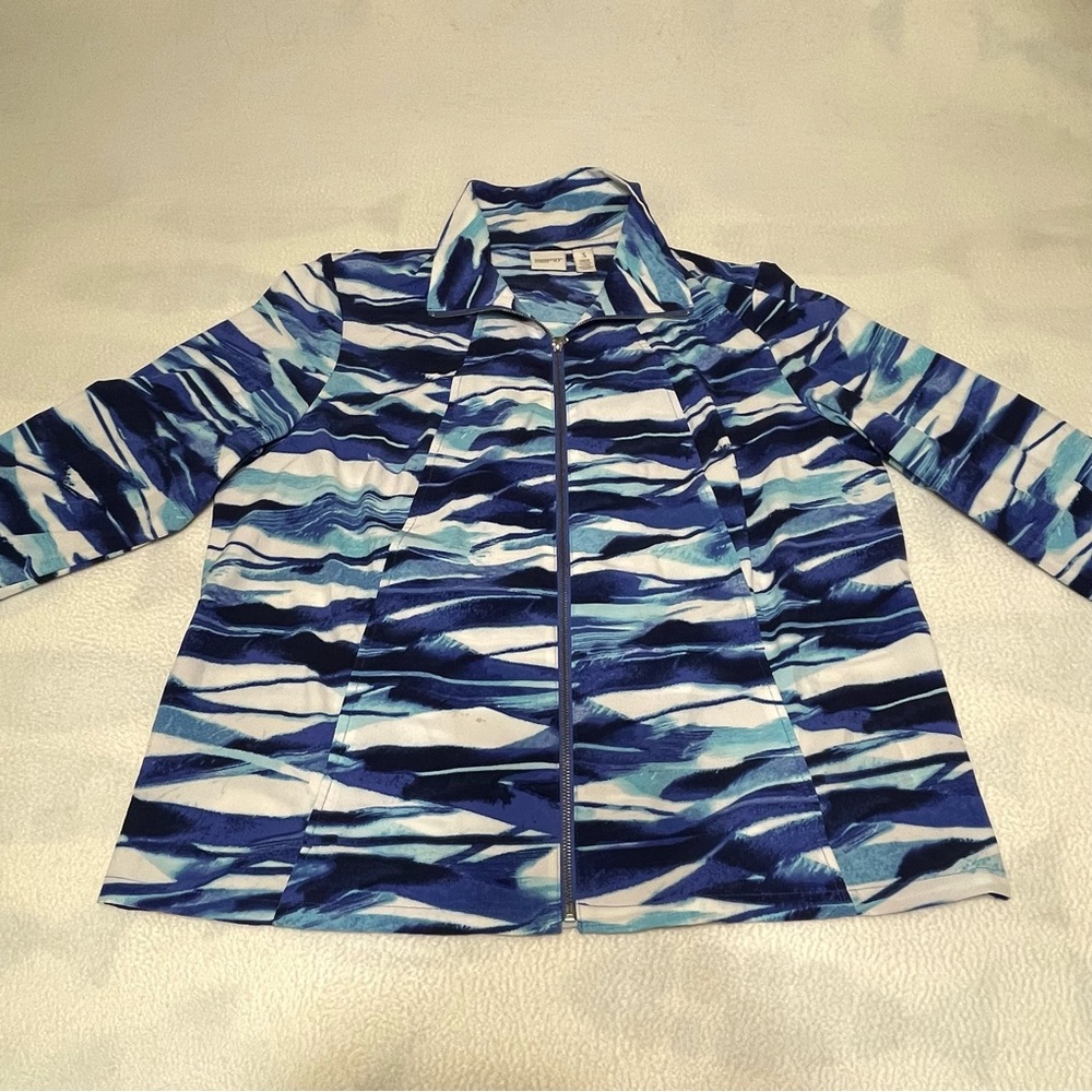 Chico’s Zenergy Size 3 Blue White Abstract Print Zip-Up Jacket with Pockets XL